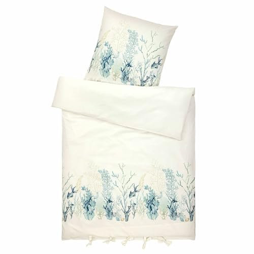 Loberon Bettwäsche Grosmagny, kunstvolles & maritimes Motiv, mit hübschen Bindebändern, atmungsaktiv & feuchtigkeitsregulierend, Schlafzimmertextilien, Baumwolle, Creme/blau
