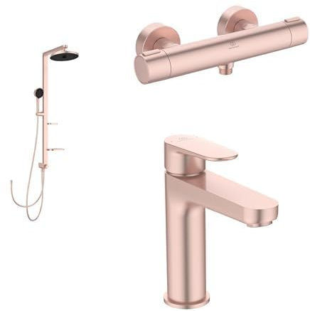 Set aus Ideal Standard BD585RO Alu+ Duschsystem, Rosé + BD582RO Alu+ Brausethermostat + BD131RO Cerafine O Waschtischarmatur mit Push-Open-Ventil