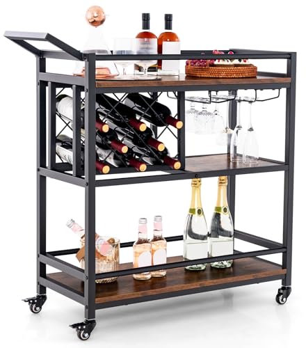 GIANTEX Servierwagen Barwagen mit Rollen, Küchenwagen 3 Ebenen mit Weinregal & Glashalter, feststellbarer Rollwagen mit Griff, Küchenregal Beistellwagen Industrie-Design, Weinwagen 91x36x92 cm