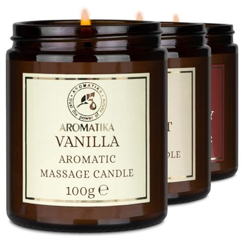 Massagekerze Set Vanille & Kokos & Erdbeere 3x 100 g - Sojawachs Kerze - Duftkerze mit Kokosöl & Mandelöl - Vanille-Oleoresin - Aroma Kerze - Entspannung - Körperpflege - Massage - Aromatherapie