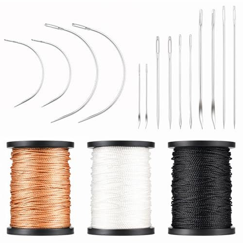 Piriuuo Kit de hilo de coser para reparación de tapicería, kit de agujas de coser a mano de alta resistencia, 7 estilos de agujas de coser de lona de cuero con 3 rollos de hilo de tapicería, hilo de