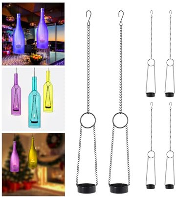 AceList 6-Pack Black Wrought Iron Hanging Wine Bottle Candle Holders - Outdoor and Indoor Tea Light Cup Holders for Cut Wine Beer Liquor Whiskey Alcohol and Champagne Bottles