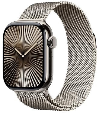 Apple Watch Series 10 GPS + Cellular Smartwatch con caja de titanio Natural de 46 mm y Pulsera Milanese Loop Natural - Talla M/L. Monitor de entreno, pantalla Retina siempre activa y neutro en carbono