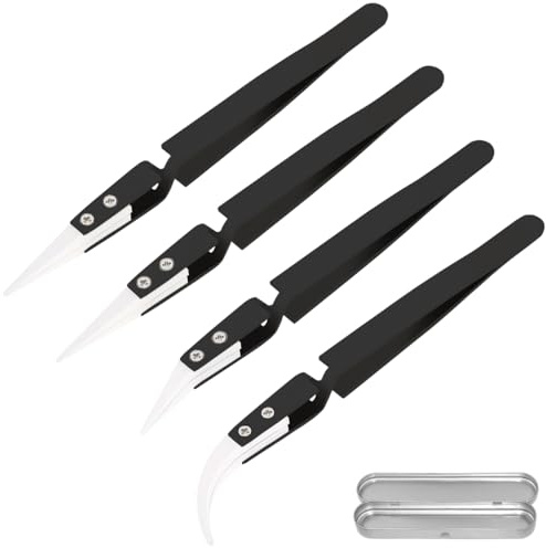 ZHUROUPU 4 st omvänd pincett, precision keramik rostfritt stål ESD-pincett icke-ledande värmebeständig anti-magnetisk spetsig och böjd spetspincett för lödning, klämspolar, elektronik (svart)