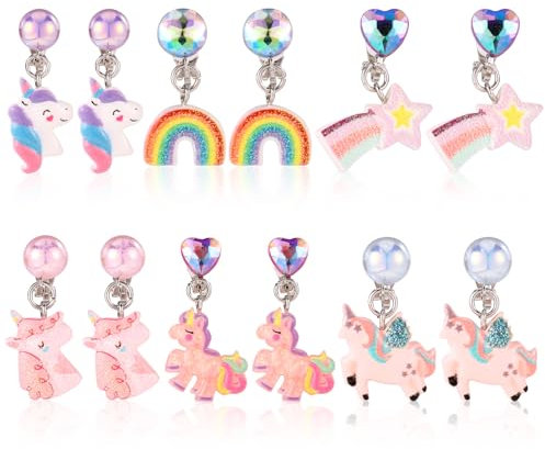 6 Paar Bunte Ohrclips zum Anklipsen, Ohrclips aus Kunstharz Einhorn Regenbogen Nicht Durchbohrte Prinzessinnen Ohrclips zum Anziehen Prinzessinnen Schmuckzubehör