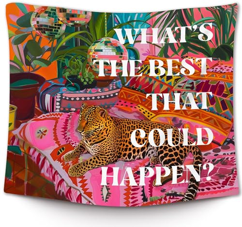 XLDLIOO Preppy Leopard Disco Classroom Tapestry, What's The Best That Could Happen, Retro Maximalist Tapestry Hanging for Girly Room Bedroom, Groovy Tapestries Wall Decor Art for Teen Girls Dorm 50x60in