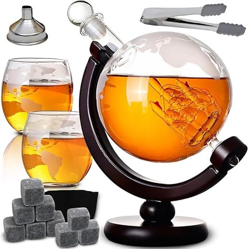Retoo Whisky Karaffe Set Globus Dekanter mit zwei Gläser Whiskey Geschenkset Männergeschenke Geburtstagsgeschenk Mann Geschenke für Männer Alkohol Zubehör 850ML 9 Whisky Steine Zange Trichter