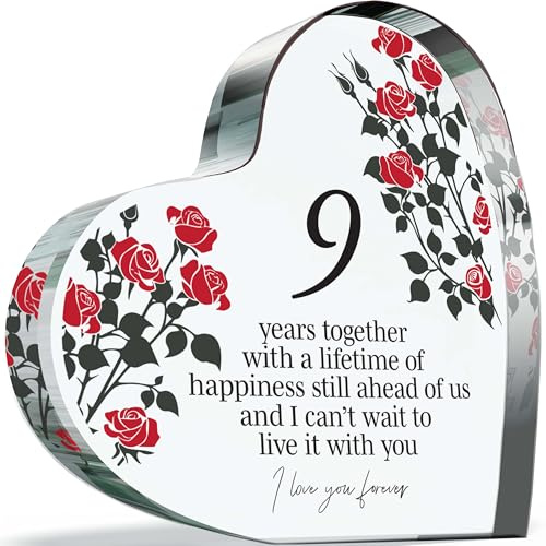 Schild zum 9. Hochzeitstag, Geschenk für Ehefrau, Ehemann, 9 Jahre zusammen, I Love You Forever, romantisches Acrylherz, Geschenk für Damen und Herren, 100 mm x 100 mm, Geschenk für Paare zum