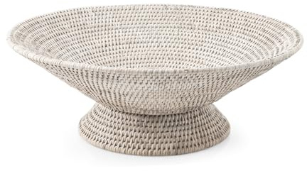 H&H Etagere mit Fuß aus weißem Rattan – Größe 45 x 16 cm – dekoratives Tablett für Kuchen, Obst oder Tafelaufsatz – natürliches und elegantes Design