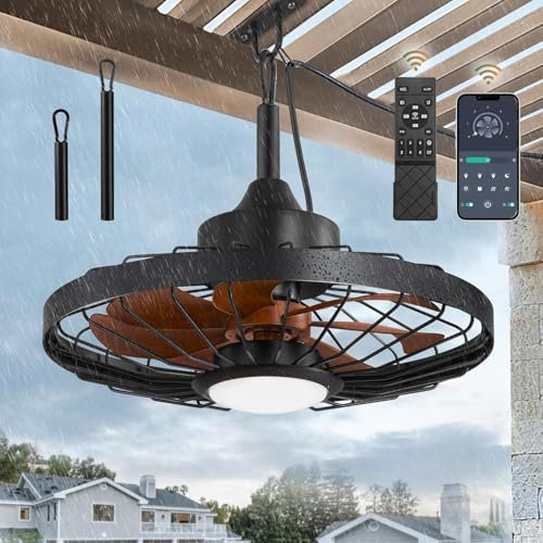 HUYOY Ventilatore da soffitto con illuminazione e telecomando, IP65, impermeabile, per esterni, silenzioso, dimmerabile, ventilatore moderno con luce per soggiorno, camera da letto