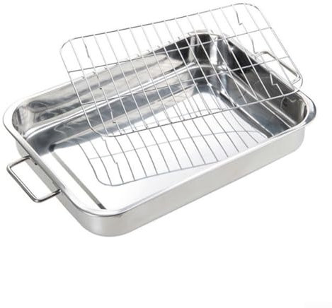 Bandeja de acero inoxidable con estante, para hornear y asar carnes y verduras en el horno (42 x 32 x 6,5 cm)