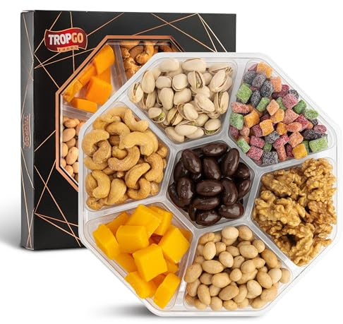 Tropgo 7 Sections Black Food Gift Box - Pistachios, Cashews, Peanuts, Mango Mini Cubes & Mango Bites, Walnuts & Chocolate Almonds - Party Gift Sets for Men and Women in Gift Box