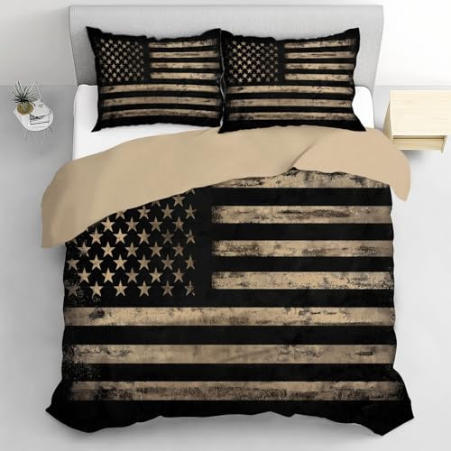 CEDNXOER Bettwäsche 135x200cm 2 Teilig Vintage Amerikanische Flagge Muster Wende Bettwäsche Set, Militärstreifenmuster Schwarz Microfaser Bettbezug mit Reißverschluss + 1 Kissenbezug 80x80 cm