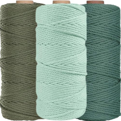 3 Stück Makramee Garn 3mm x100m, WINOK Bunte Makramee-Schnur, DIY Naturgarn Baumwollschnur Baumwollgarn Schnur Baumwollkordel für Wandpflanze Handwerk - Dunkelgrün Olivgrün Hellgrün
