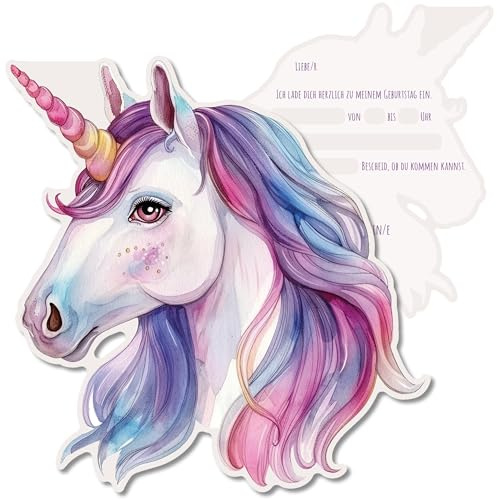 FLYERALARM Einhorn Einladungskarten Kindergeburtstag I 12 bunte Geburtstagseinladungen für Mädchen und Jungen (14,8cm x 15cm) Starkes mattes Papier mit fröhlichen Motiven für Kinder