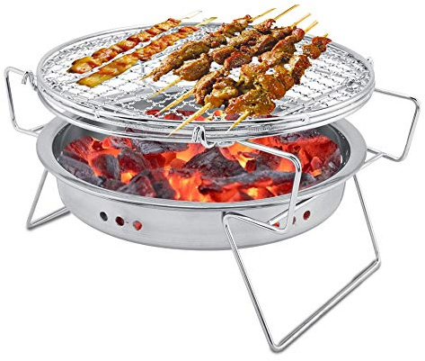 Tragbarer zusammenklappbarer Holzkohlegrill, runder Mini-Grillofen aus Edelstahl, kompakter Grill mit Tragefunktion für Camping im Freien, Terrasse, Hinterhof, Wandern, Picknick,