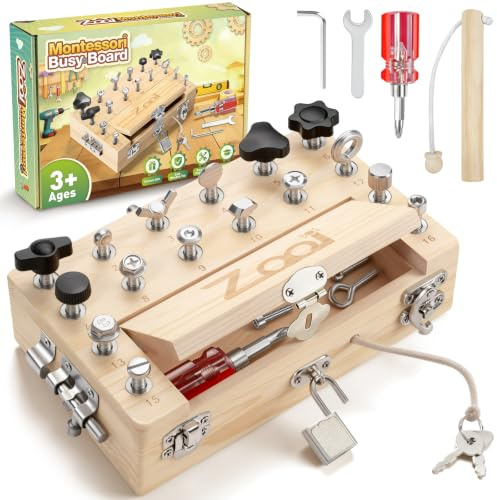 ZOOI Montessori Spielzeug ab 3 Jahre, Busy Board mit Schraubendreher | Spielzeug ab 3 Jahre, Holzspielzeug Montessori Spielzeug mit 16 Schrauben, 4 Werkzeuge,6 Schloss, Nikolaus Geschenke Kinder