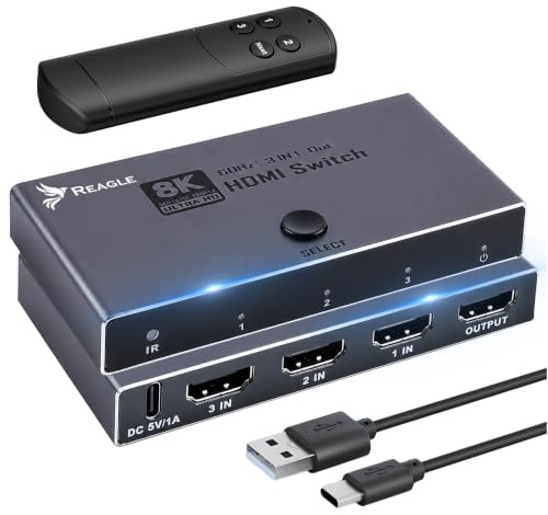 Reagle HDMI 2.1 Switch 3 In 1 Out 8K 60Hz 4K 144Hz 1080p 240Hz HDMI Umschalter 48Gbps mit Fernbedienung Auto Switch CEC HDR10 Splitter Dolby Vision Plug & Play für PS5 Xbox PC TV Beamer