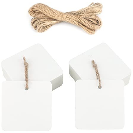 jijAcraft 5,5 cm Quadratische Geschenkanhänger, 100 Stück Geschenk Anhänger aus Papier, Weiß Papier Etiketten mit Juteschur für Gepäckanhänger, Preisschilder, Selbstgebastelte Schilder