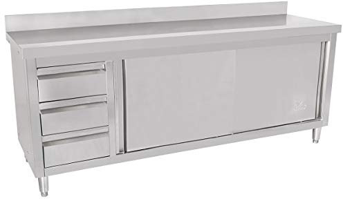 Beeketal 'BAS200-60L' Gastro Edelstahl Küchenschrank mit 3 Schubladen (links), 2 Rolltüren und 4 verstellbaren Standfüßen, Küchen Arbeitsplatte mit 10 cm Aufkantung - (L/B/H) ca. 2000 x 600 x 950 mm