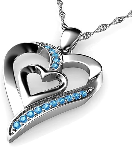 DEPHINI Doppel Herz Anhänger Halskette | Zirkonia | 925 Sterling Silber Herz Halskette | Frauen Schmuck Damen Herzkette | Geschenke für Frauen | Rhodiumplattiert (Aqua)