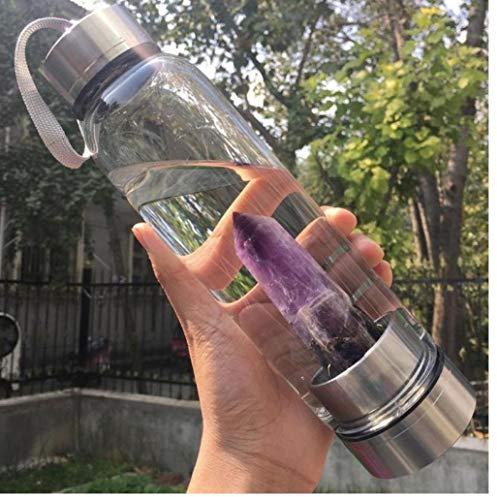 PiniceCore Botella de agua de cristal natural morado, portátil, curativa, varita de obelisco, elixir, botella de agua de cristal de cuarzo, vasos de cristal, regalos de cumpleaños