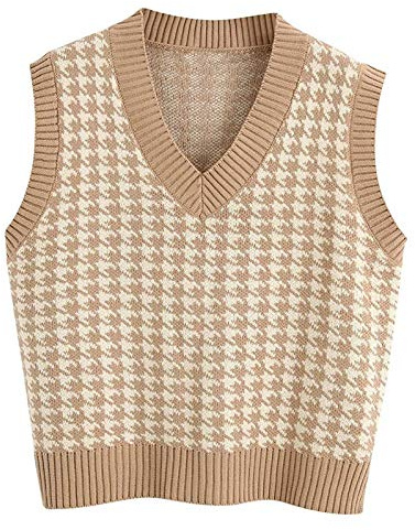 ZYUEER Pull pour Femmes Motif Pied-de-poule Pull en Tricot Gilet Sans Manches Lâche Col en V des Années 90 Gilet Pull en Maille Haut (jaune, L)