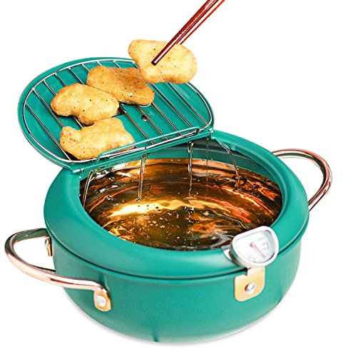 Friteuse Tempura, 14cm/5.5'' Poêle à Frire Tempura Friteuse Japonaise en Acier Inoxydable Antiadhésif avec Contrôle de la Température Couvercle et Égouttoir À Huile pour Poulet Frit,Crevettes Frit