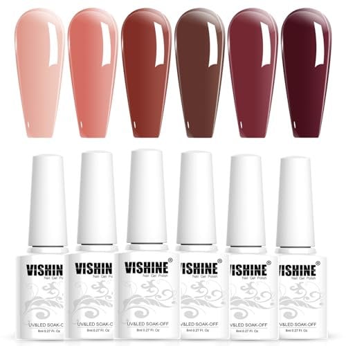 Vishine UV Nagellack Natur Gel 6er-Pack durchscheinender Jelly-Kristall Nagellack natürliche Farben, zartrosa, Dordeaux Rouge, nackter Gel Nagellack, Maniküre DIY Kit 8 ml