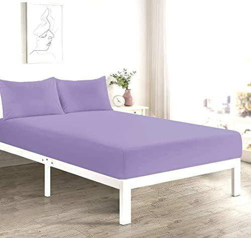 Comfort Collections Fitted Bed Sheet With FREE MATCHING 2 X PILLOW CASES Poly Cotton Percale Easy Care Plain Dyed Bed Sheet Lilac Small Double 4FT