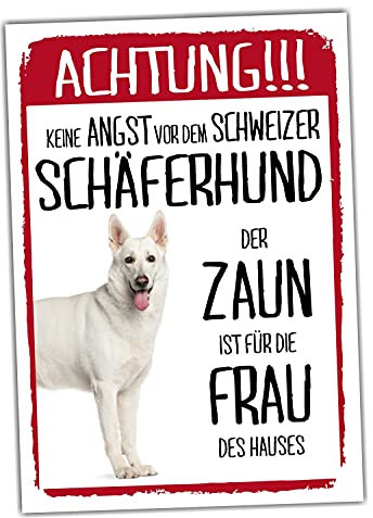 Schweizer Schäferhund Dog Schild Achtung Zaun Frau Spruch Türschild Hundeschild Warnschild Geschenkidee lustiger Spruch Hundemotiv Aluminium Wetterfestes Hundeschild