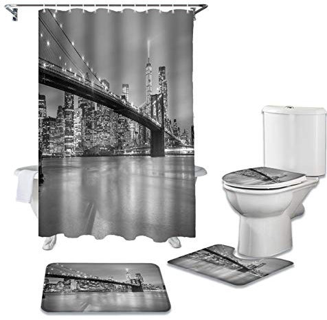 BANLV New York City Nuit Rideau de Douche siège de Toilette Ensemble de Couverture WC Accessoires Tapis Salle de Bain décor Rideaux de Bain