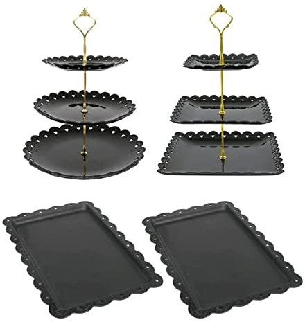 Lot de 4 présentoirs à gâteaux en plastique à 3 étages ronds + carrés et plateaux de service rectangulaires pour mariage, anniversaire, thé (noir)