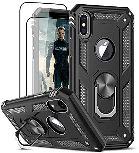 LeYi for iPhone X Case/iPhone XS Case and 2 Tempered Glass Screen Protector,Ring Holder Military Grade Protective Shockproof Tough Silicone Hard Phone Cover for iPhone X/XS 5.8'' Black