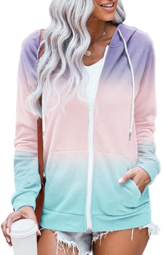 HVEPUO Damen Batik Zip Up Hoodie Bedrucken Farbverlauf Y2k Kapuzenjacke