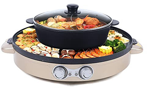 Electric Smokeless Grill and Hot Pot 2in1 Split Design mit Grillplatte, Doppelte Temperaturregelung Multifunktion Doppelte Trennung Barbecue Grill Antihaftbeschichtung Haushalts2200W(Schwarz)