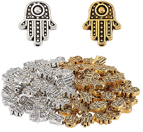 SUNNYCLUE 1 Box 100 Stück 2 Farben Hamsa Handperlen Legierung Hand von Fatima Miriam Lose Abstandsperlen Charms Chakra Tibetischer Stil Für Schmuckherstellung Armbänder Halsketten Bastelbedarf