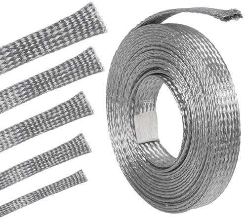 Wire Shielding Tinned Copper Cable Sleeve Ground Straps EMI RFI ESD Protection Flat Braid Flexible Mesh (5/16 in Wide(0.20 in Dia)-28ft)