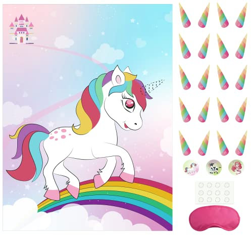 Morcheiong Pin The Tail/Horn on The Unicorn Party Game with 48 Horns for Kids Birthday Party Favors Sleepover Party Supplies Girls Rainbow Party Decorations
