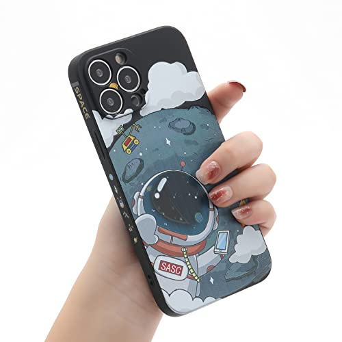 Yonds Queen für iPhone 14 Niedliches Hülle, Cool Cartoon Astronaut Space Mond Planet Design Stilvoll Stoßstange TPU rutschfeste Stoßfeste Schutzhülle(iPhone 14, Schwarz Mond)