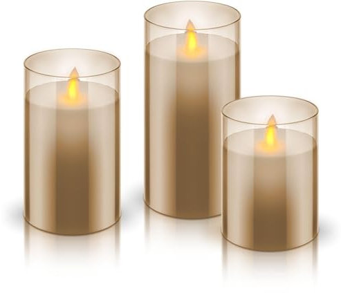 goobay 60380 3er-Set LED Echtwachskerzen im Glas (Braun) mit Timerfunktion, Warmweißer Kerzenschein/Bewegliche Flamme / 10, 12,5 & 15cm hohe Kerzen