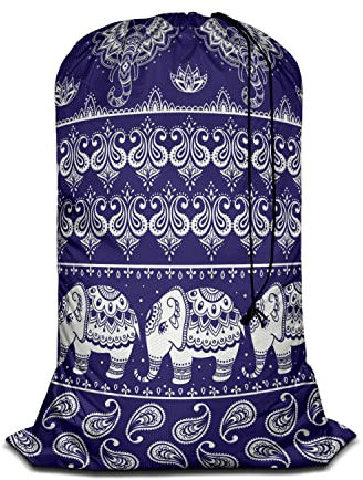 Swono Elefanten-Wäschesack, groß, strapazierfähig, Wäschesack, mit verstellbarem Kordelzugverschluss, ethnisches Tier, Paisley, Blume, Lotus, Wäschekorb für Reisen, schmutzige Kleidung