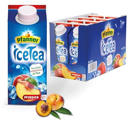 Pfanner Eistee Pfirsich im Vorratspack – Direkt aufgebrühter Schwarztee mit Pfirsichsaft in nachhaltiger to go Verpackung (8 x 750 ml)
