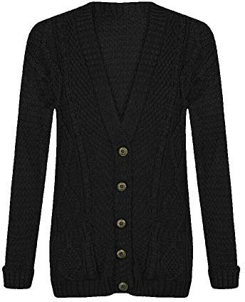 AJFASHION Womans Cardigan Ladies Cable Chunky Knit Cardigan Button Long Sleeves Grandad Cardigans Jumper UK Plus Small Sizes (Black, UK 24-26)