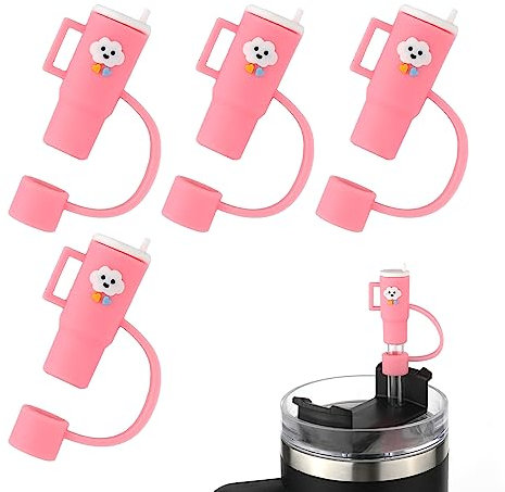 4pcs Straw Covers Cap Compatible with Stanley Cup, Silicone Bottle Shaped with Handles Straw Lid Cute Straw Toppers Pink Straw Tips Cover Protector for Stanley 40 Oz 30 Oz Tumbler