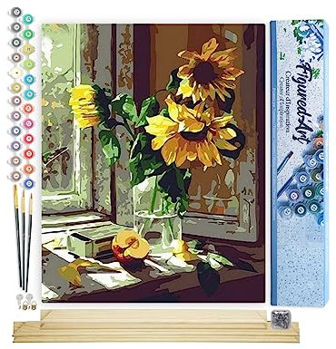 Figured'Art Peinture par Numéro Adulte Tournesols et Pomme Devant la Fenêtre - Activité Manuelle Kit de Loisir Créatif DIY Numéro d'Art Complet - 40x50cm avec châssis en bois à monter