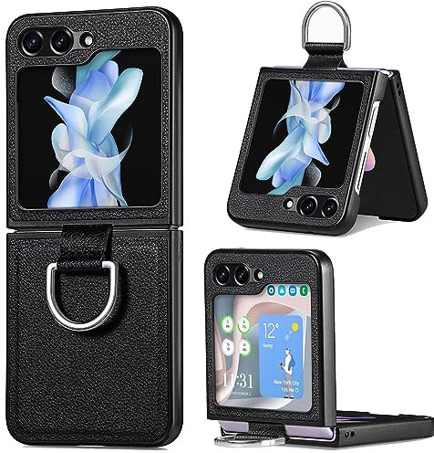 Teayoha Case for Samsung Galaxy Z Flip 5, PU Leather Hybrid Hard PC Flip Slim Shockproof Case with Ring Protective Case Phone Cover for Samsung Z Flip 5 5G 2023 - Black