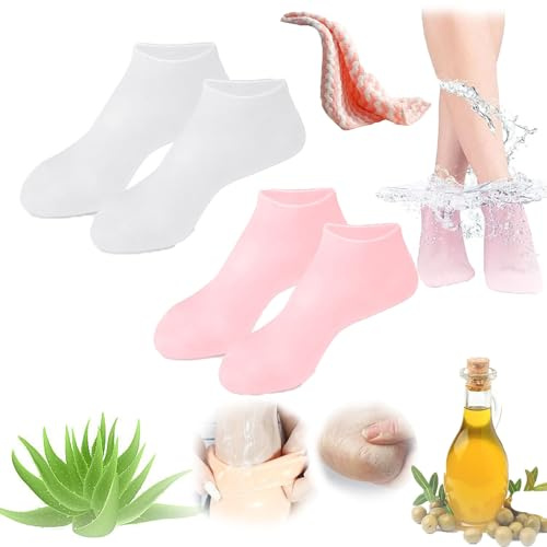 Moisturizing Foot Mask Exfoliating Silicone Socks Beach Protective Socks, Women Foot Spa Pedicure Silicone Socks, Silicone Socks for Dry Cracked Feet Women (Pink+White)