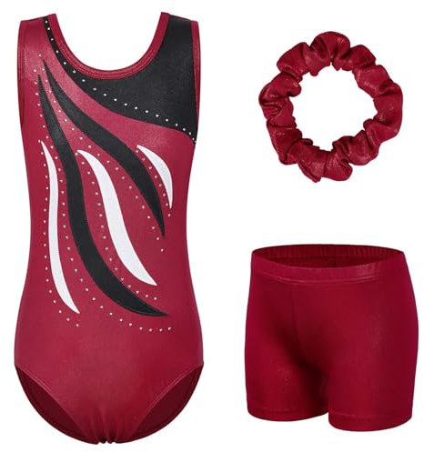 XFGIRLS Gymnastikanzug für Mädchen, langärmelig, glitzernd, ärmellos, für Mädchen, Ballett, Gymnastik, Shorts, 3–16 Jahre, Weinrot, ärmellos, 9-10 Years