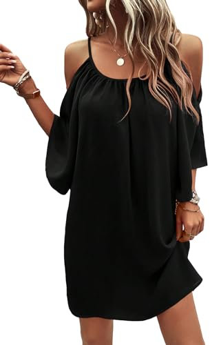 GORGLITTER Women's Cold Shoulder Shirt Dress 3/4 Sleeve Cut Out Oversized Swing Tunic Short Dress Black XL